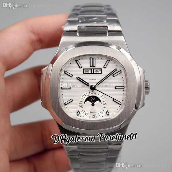 2022 5726 Calendrier Annuel Phase de Lune Automatique Montre Homme Boîtier En Acier Cadran Blanc Texturé Bâton Bracelet En Acier Inoxydable 6 Styles Montres Puretime01 E18SS-i9