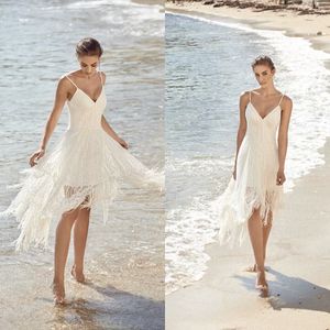 2022 Una línea Vestidos de novia de playa Spaghetti Lace Borla Lentejuelas con cuentas Vestidos de novia cortos Vestidos de Novia Boho Vestido nupcial Tallas grandes