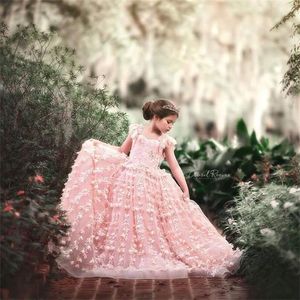 2022 A Line Flower Girl's Jurken Lace Up 3D Floral Applicaties Little Girl Pageant Towns Ruffles Cap Sleeve Party Dress