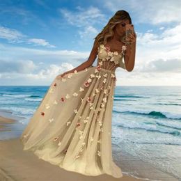 2022 A Line Sheer Tulle Prom Dress Online USA Lange Celebrity Sexy Spaghetti Avondjurken Formele Gowns Met Handgemaakte Flowers179t