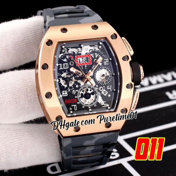 2022 A21j Reloj automático para hombre Oro rosa Fecha grande Esqueleto Dial Negro Gris Camuflaje Correa de caucho Super Edición 5 estilos Puretime01 E139-011A1