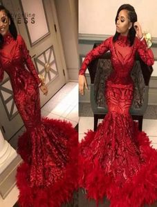 2022 Africaine Fille Noire Sparkly Rouge Sirène Robes De Bal Paillettes Avec Plumes Robes De Soirée À Manches Longues Robe De Soirée Formelle Cust8406343