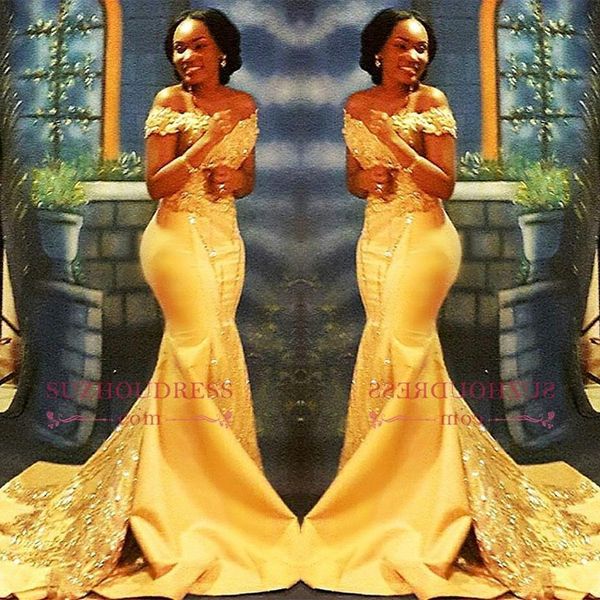 2023 africano nigeriano amarillo sirena vestidos de baile hombros descubiertos encaje lentejuelas satén noche vestidos de baile BA8405 GB1109S