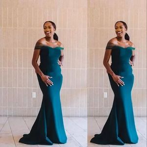 2022 Afrikaanse Teal Hunter Groen Off Shoulder Mermaid Bruidsmeisjes Jurken Vloerlengte Sweep Trein Tuin Land Bruiloft Gastenjurken Maid of Honour Dress CG001