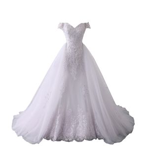 2022 Incroyable Dentelle Robe De Mariée Train Détachable Hors Épaule À Manches Courtes Applique Perles Perlé Boutonné Fermeture Éclair Robes De Mariée Robes Pour La Mariée Femmes