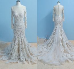 Robe de mariée sirène en dentelle, incroyable, avec des Appliques d'illusion, manches longues, perles, fermeture éclair, Image réelle, 2022