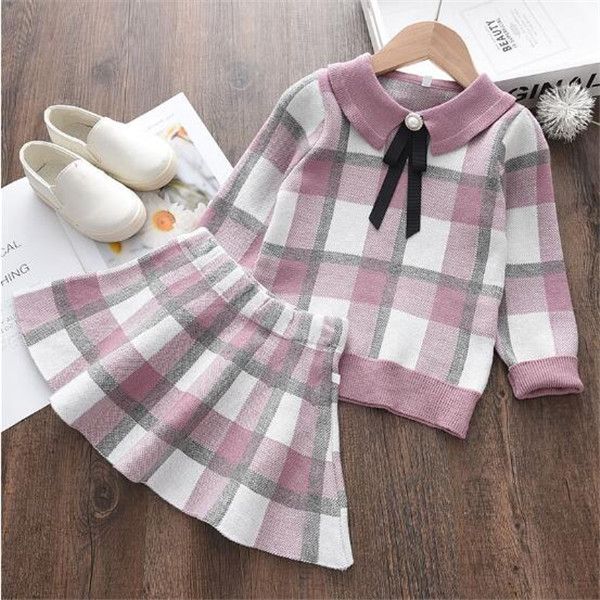 2022 Apring Sutumn Nouvel ensemble pour enfants Filles Plaid Rayé Pull en tricot + Jupes courtes Costumes 2 pièces Mode Princesse Vêtements Casual Childen Clother