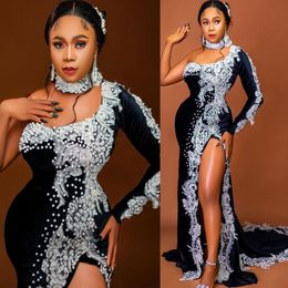 2022 Arabisch Aso Ebi Black Mermaid Prom Dresses Lace Pearls kralen avond formeel feest tweede receptie verjaardag verlovingsjurken jurk wly935