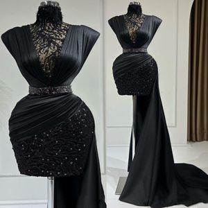 2022 Arabe Aso Ebi Black Sheat Robes de bal de bal de plumes perles soir￩e F￪te formelle Deuxi￨me r￩ception Robes de fian￧ailles d'anniversaire Robe ZJ755