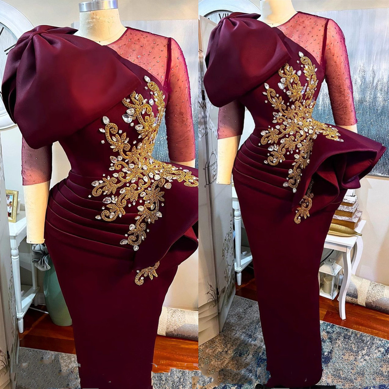2022 Arabski Aso Ebi Ebi Burgundy Pochwa sukienki PROM Koronkowe Kryształki wieczorne Formalne przyjęcie Drugi przyjęcie urodzinowe suknie zaręczynowe sukienka ZJ6060