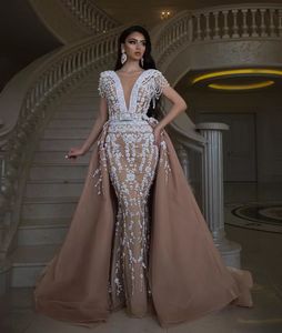 2022 Arabische Aso Ebi Champagne Lace kralen avondjurken Mermaid Sheer Neck Prom Dresses Vintage Formele feest tweede receptie jurken