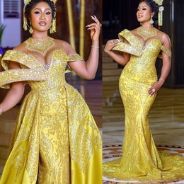 2022 Arabische Aso Ebi Gold Mermaid Prom Dresses Lound Lace Evening Formele feest tweede receptie verjaardag verlovingsjurken jurk zj720