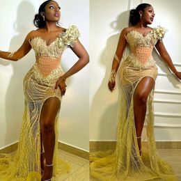 2022 Arabisch Aso Ebi Gold Mermaid Prom Dresses Lound Lace Sexy Evening Formeel feest tweede receptie verjaardag verlovingsjurken jurk zj104