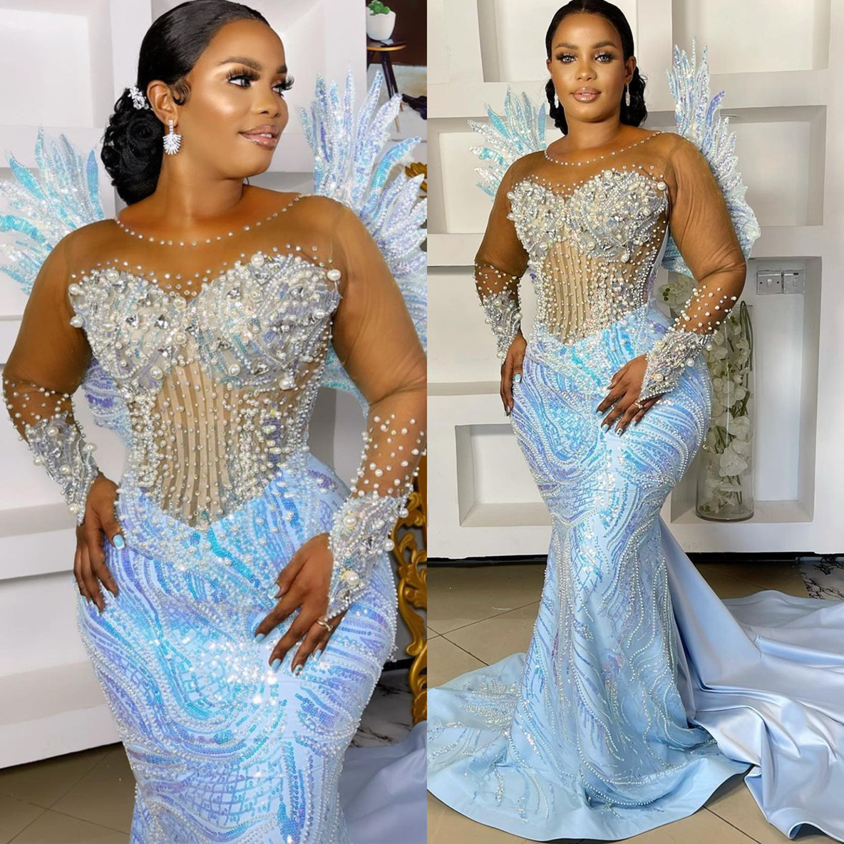 2022 Arabische Aso Ebi Luxe Mermaid Prom Dresses Parels kristallen Kristallen Evening Formele feest tweede receptie Verjaardag verlovingsjurken Jurk ZJ286