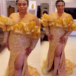 2022 Arabisch Aso Ebi Mermaid Gold Prom Dresses Lound Lace Sexy Evening Formeel feest tweede receptie verjaardag verlovingsjurken jurk zj882