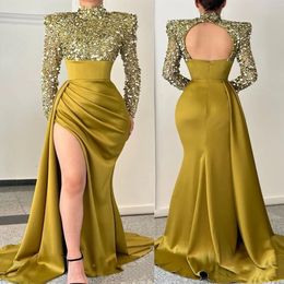 2022 Arabisch Aso Ebi Mermaid Gold Prom Dresses Backless Lade Lace Evening Formeel feest tweede receptie Verjaardagsbetrokkenheid Bruidsmeisjesjurken Jurk ZJ405