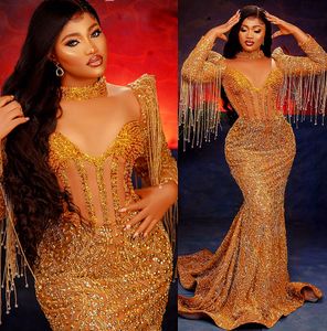 2022 Arabische Aso Ebi Mermaid Gold Prom Dresses kristallen avond formeel feest tweede receptie verjaardag verlovingsjurken jurk zj7070