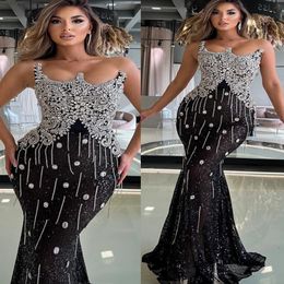 2023 Árabe Aso Ebi Sirena negra Vestido de fiesta Cristales con cuentas Noche Fiesta formal Segunda recepción Cumpleaños Vestidos de compromiso Vestido ZJ432