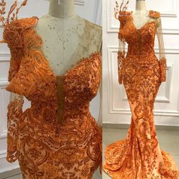 2022 Arabische Aso Ebi Mermaid Orange Prom Dresses Lace kralen avond formeel feest tweede receptie verjaardag verlovingsjurken jurk zj707