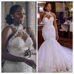 2022 Arabische Aso Ebi Mermaid Wedding Jurken Sheer Neck Bruidaljurken Sexy plus size bruid jurken 321m