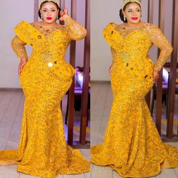 2022 Arabe Aso Ebi Sirène Jaune Robes De Bal Perles Cristaux Soirée Formelle Deuxième Réception Anniversaire Robes De Fiançailles Robe ZJ6778