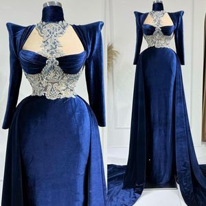 2022 Arabisch Aso Ebi Navy Blue Prom Dresses Lace kristallen avond formeel feest tweede receptie verjaardag verlovingsjurken jurk zj087