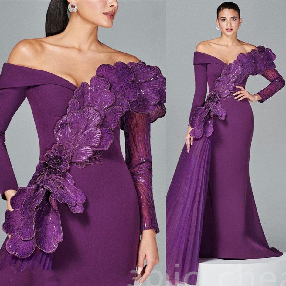 2022 Arabica Aso Ebi Purple Mermaid Prom Dresss Lace in rilievo Formale Formale Accogliente Accogliente Abito di fidanzamento Birthing Dress ZJ333