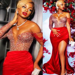 Arabe aso ebi rouge sirène robes de bal de bal cristaux de perles de soirée sexy soirée formelle deuxième réception anniversaire robes de fiançailles robes zj427