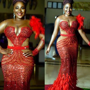 Arabisch Aso Ebi Red Mermaid Prom Dresses kristallen Feather Evening Formeel feest tweede receptie Verjaardag verlovingsjurken Jurks ZJ211