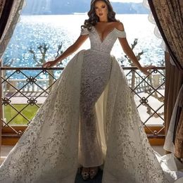 Vestido de novia de sirena con cuentas árabes 2022 con tren desmontable fuera del hombro Vestidos de novia de manga corta Apliques de encaje 3D Batas de novia de mari￩e