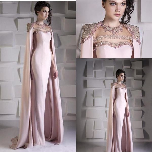 2022 arabe Dubaï sirène rose robes de bal pour les femmes bijou cou cristal perlé avec Cape Wraps étage longueur robe de soirée porter Pa2311