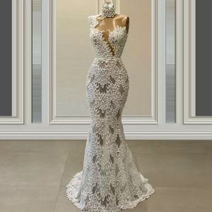 2022 Perles arabes sirène robes de bal de luxe col haut dentelle appliqué cristal femmes formelle grande taille robes de soirée G001