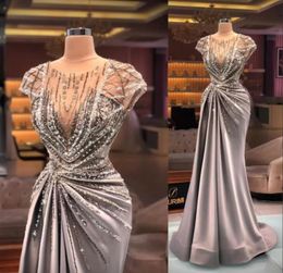 2022 Arabe Sexy Luxe Robes De Bal Jewel Neck Illusion Cap Manches Cristal Perles Paillettes Bling Robe De Soirée Formelle Robe De Soirée 4307632