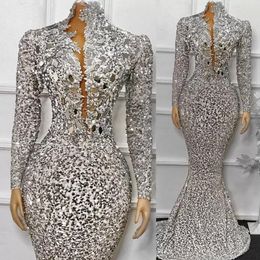 2022 Arabic Silver Evening Dresses Wear High Neck Keyhole Sequined Lace Crystal Beads Custom Sexy Prom Long Sleeves Robe De Marrige Sweep Train Gowns Sequins Mermaid