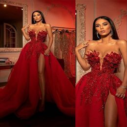 2023 Aso Ebi arabe robes de soirée porter cristal rouge foncé dentelle perlée chérie haut côté fendu tulle robe de bal robe de bal formelle deuxième réception robes