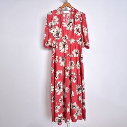 2022 otoño 3/4 manga escote en V vestido rojo estilo francés estampado Floral paneles cintura elástica vestidos 22S130042