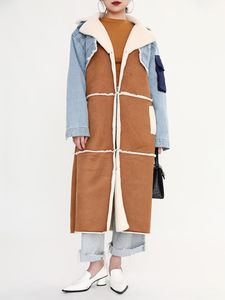 2022 automne et printemps rabattre manteaux col tempérament Patchwork Denim femmes Long manteau laine nouvelle mode