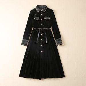 2022 automne noir couleur unie ceinturé velours robe à manches longues revers cou lambrissé simple boutonnage robes décontractées S2N221459 grande taille XXL