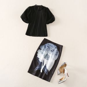 2022 Autumn Black Solid Color Tweed Piece Dress Sets Sets Helft Mouw kant Ronde Ronde Ronde Nek Top bloemenprint Mid-Kalf rokpakken Set A2S07SK