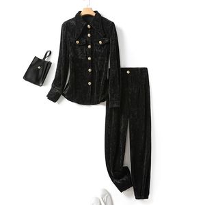 2022 Autumn Black Solid Color Two Piece broek Sets Sets lange mouw revershals met één borte blouse lange broek pakken set 22S157698