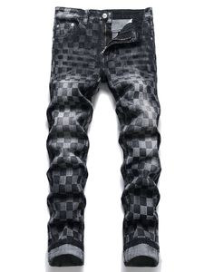 Jean à carreaux noir pour homme, pantalon en Denim, Slim, décontracté, à la mode, couleur contrastée, en coton extensible, automne 2022