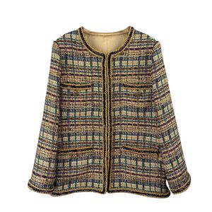 2022 Autumn Gold Plaid Contrast Trim Tweed Jacket lange mouw ronde nek zakken klassieke jassen jas kort uitklapen A2N086445