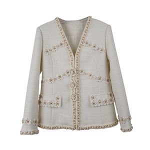 2022 Autumn Ivory vaste kleur kralen Tweed Jacket lange mouw V-hals panelen Classic Wol 3D Flowers Jackets Coat Short Outsed Weer A2N086461