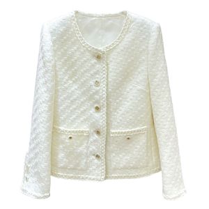 2022 Autumn Ivory Solid Color Contrast Trim Tweed Jacket Lange mouw Ronde nekzakken met enkele borsten met een borte jassen Kort uitklapen A2N086301