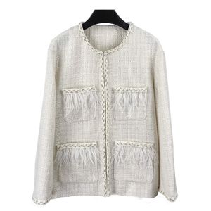 2022 Autumn Ivory Solid Color Feather Tweed Jacket lange mouw ronde nek zakken klassieke jassen jas kort uitklapen A2N086367