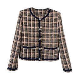 2022 Autumn Multicolor Plaid Contrast Trim Tweed Jacket Long Sleeve Round Neck Buttons Single-Breasted Jackets Coat Short Outwear A2N086405