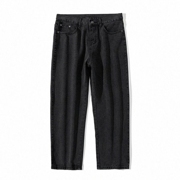 2022 Otoño Nuevos hombres Cott Jeans Corea del Sur Fi Street Loose Straight Wide Pierna Pantalones Street Mujeres Baggy Black Jeans W1GS #