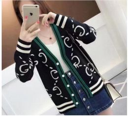 2022 autumn new style Korean women retro fashion letters loose V-neck single-breasted knitted cardigan sweater cropped top coat