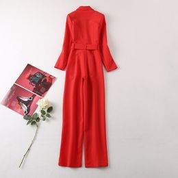 2022 Autumn ingerichte Lapel Belted Jumpsuits Red vaste kleur lange mouw met dubbele borsten met dubbele borte casual rompers 22S230011