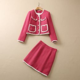 2022 automne rose contraste couleur deux pièces robe ensembles à manches longues col rond tweed manteau à simple boutonnage lambrissé jupe courte costumes ensemble S2N03SK